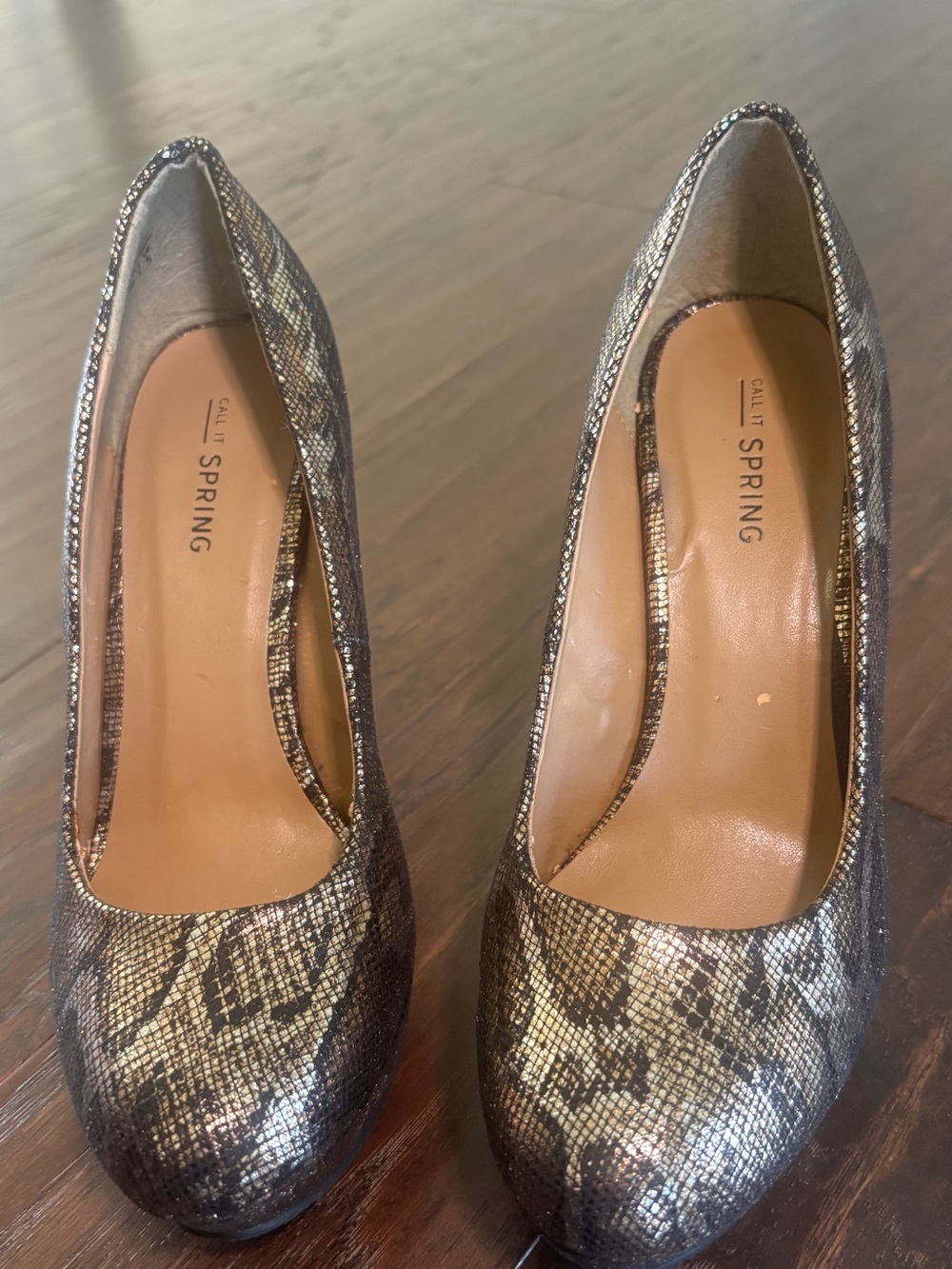 Call It Spring Gold Snake-Print Round-Toe Pumps